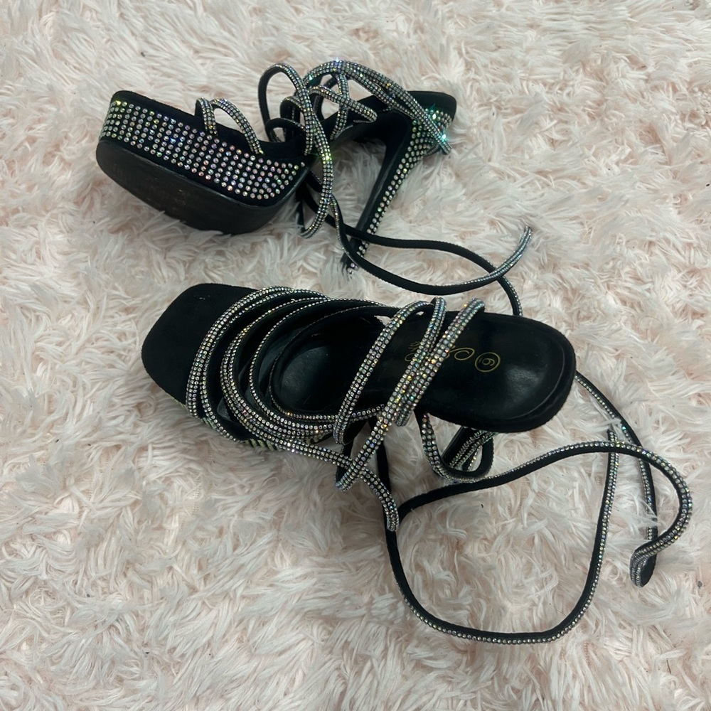 Elegant Black Strappy Heels with Rhinestone Accents